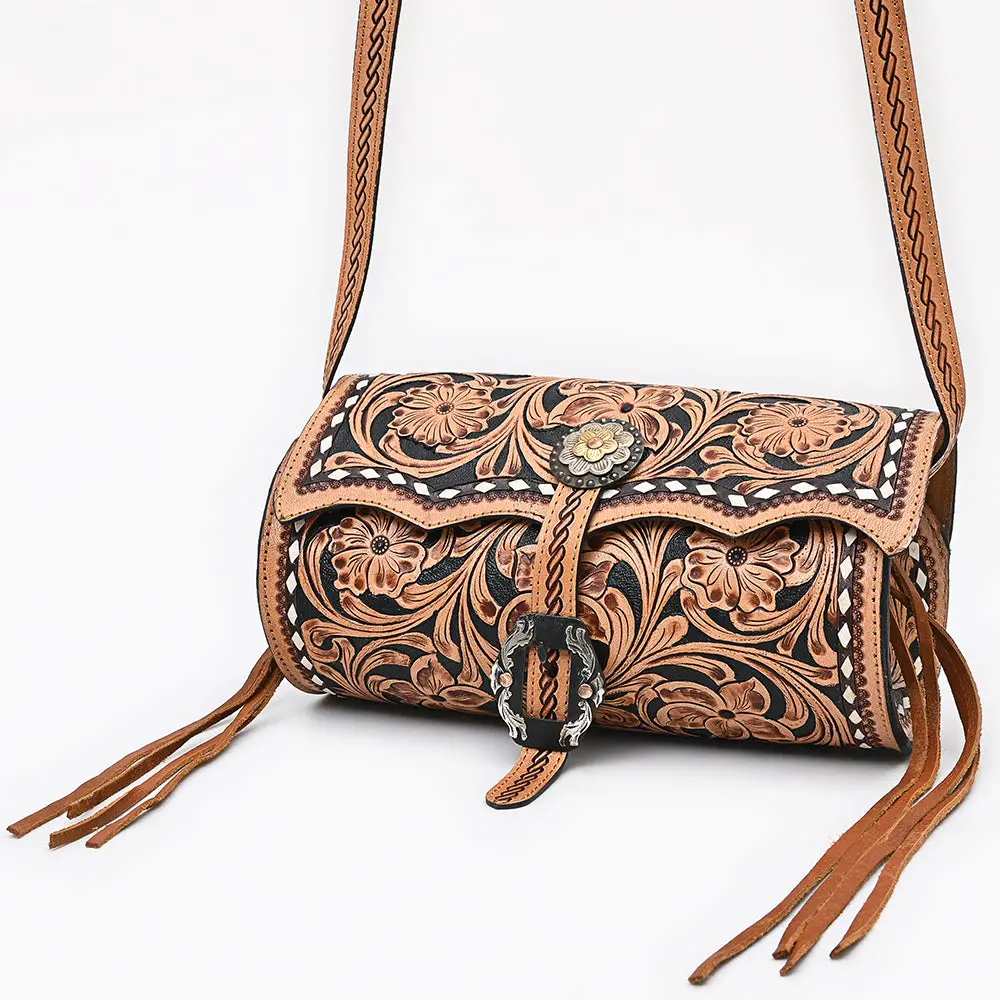 American Darling Western Cross Body Bag Hand Tooled Floral Leather Purse With Fringes Buck Stitched Trim And Concho Detail 1