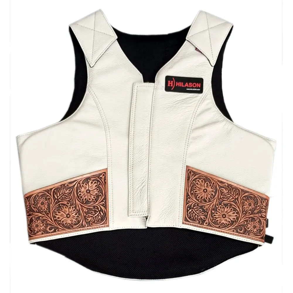 Hilason Bull Riding Rodeo Floral Hand Carved Genuine Leather Vest Safety Protective Gear Equipment White 1