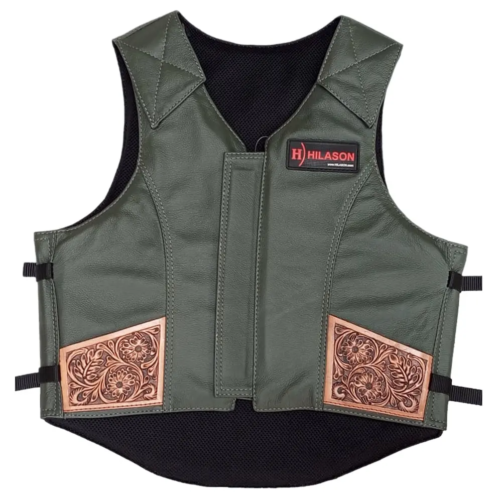 Hilason Bull Riding Rodeo Floral Hand Carved Genuine Leather Vest Safety Protective Gear Equipment Gray 1