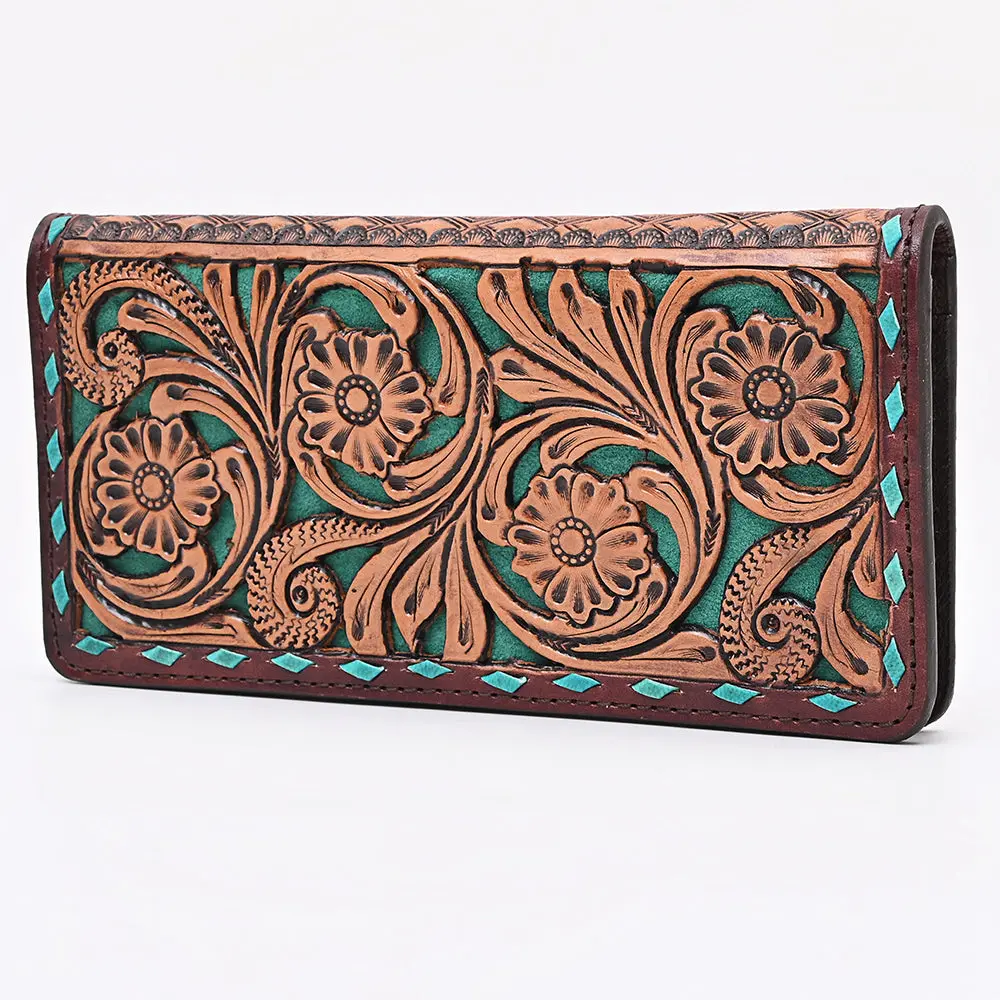American Darling Wallet Bag For Women, Hand Tooled Floral Carved Vegetable-Tanned Full Grain Leather, Buck Stitched Western Clutch 1