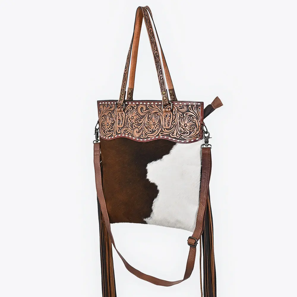 American Darling Tote Bag, Genuine Vegetable-Tanned Leather, Hand Tooled Floral Hair-On Cowhide Western Purse, 16In X 15In 1