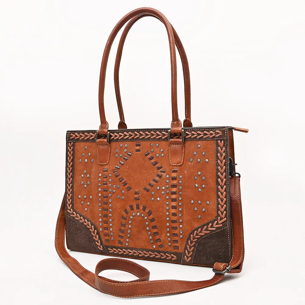 American Darling Tote Bag, Genuine Suede & Damascus Embossed Leather, Western Purse With Braided Accents, 1