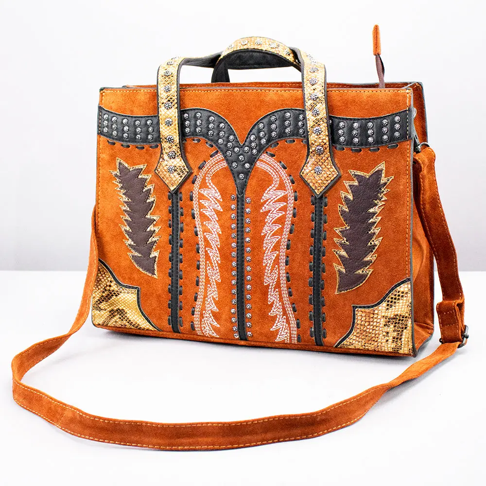 American Darling Tote Bag, Genuine Suede & Vegetable-Tanned Leather, Western Purse With Boot Stitching 1
