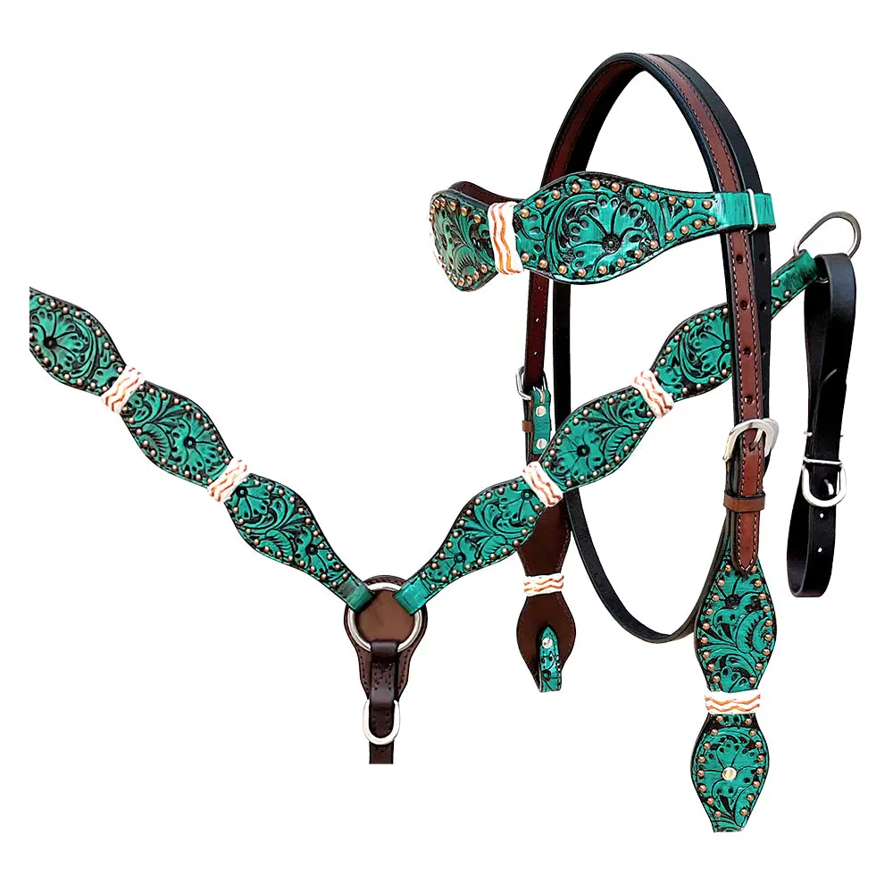 Hilason Western Horse Floral Hand Painted American Leather Tack Set Rawhide Braided Turquoise / Brown 1