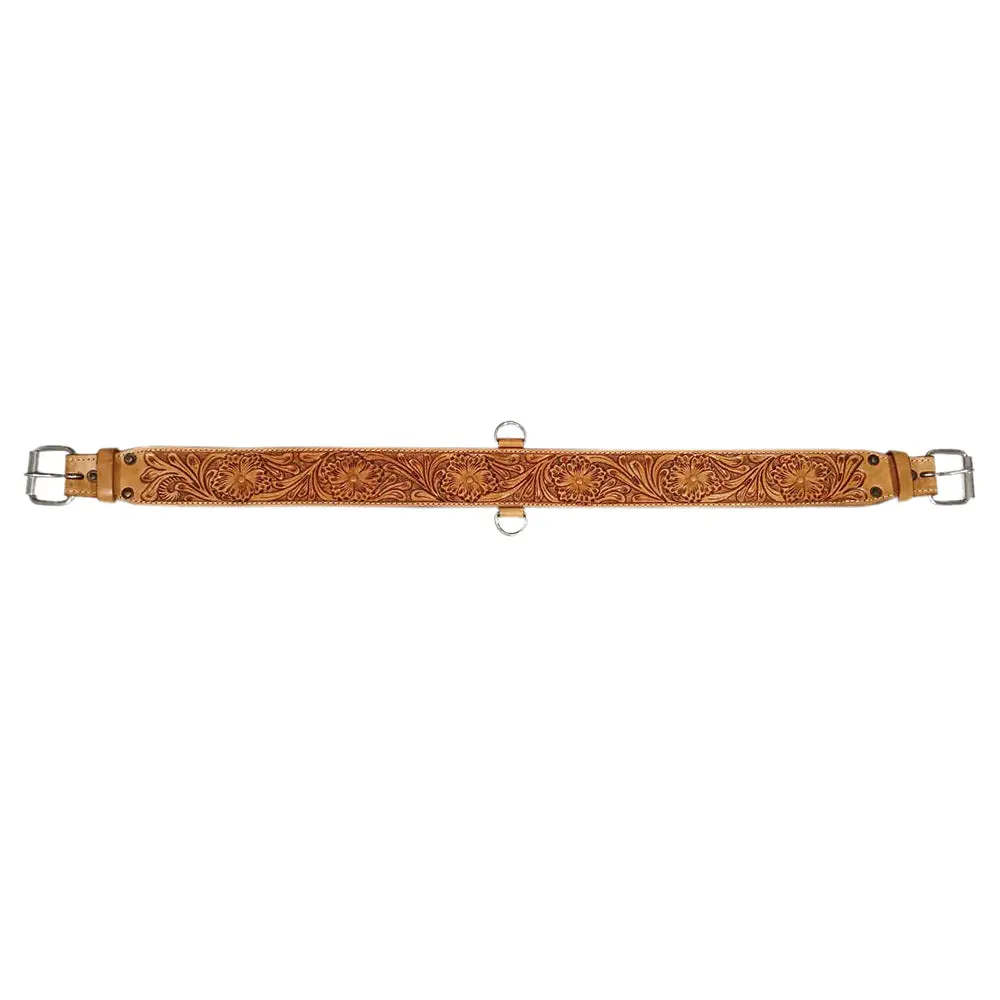 Hilason Western Horse Saddle Cinch Girth Genuine Leather Tan Floral Hand Carved And Tooled Stainless Steel Hardware 1