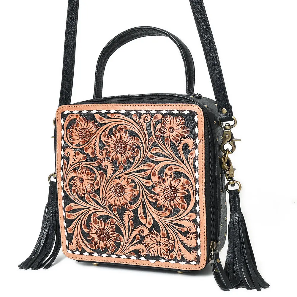 American Darling Large Cross Body Bag Hand Tooled Floral Leather Western Purse With Fringes And Buck Stitched Trim 1
