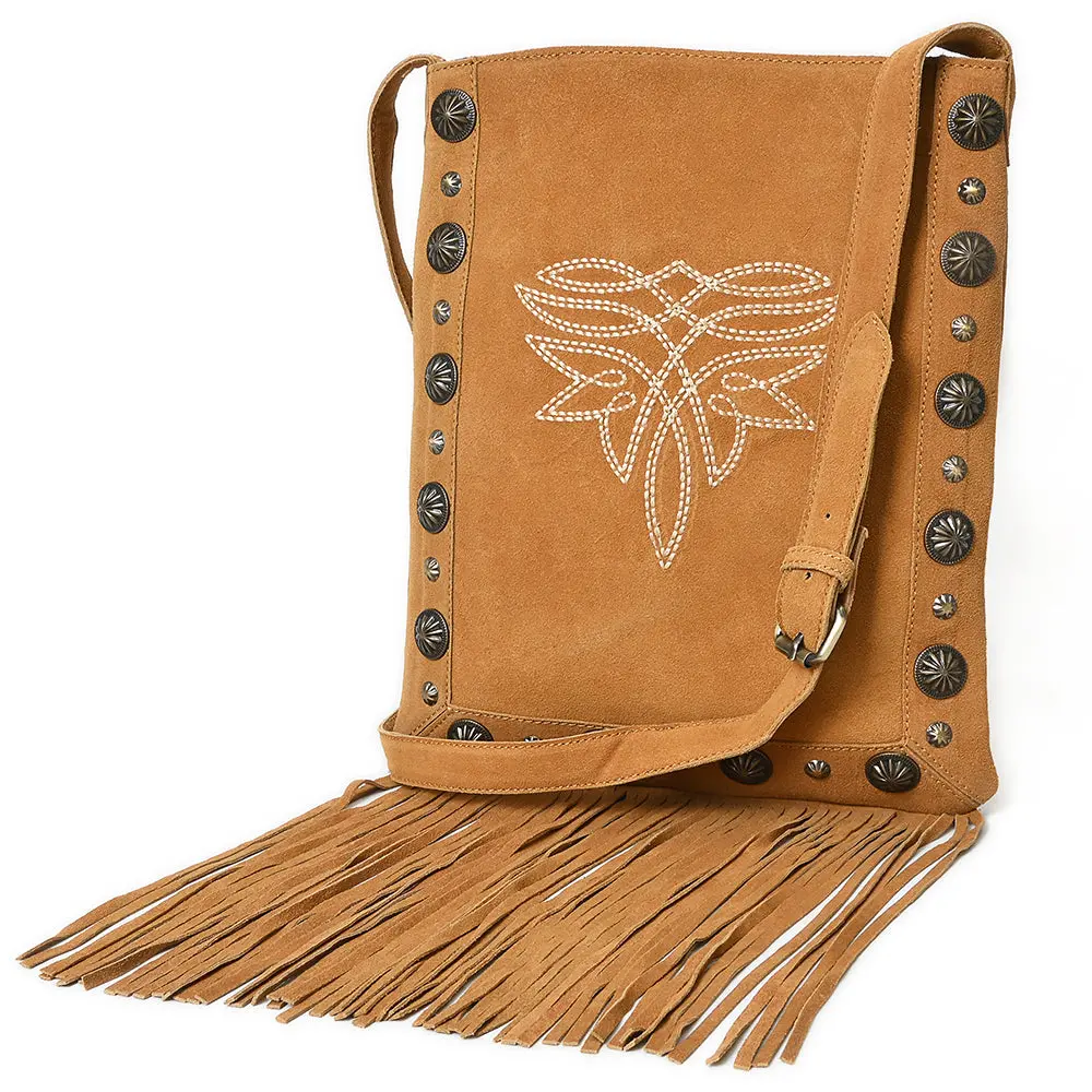 American Darling Chaps Bag Western Suede Leather Crossbody With Fringes Boot Stitched Design And Conchos 1