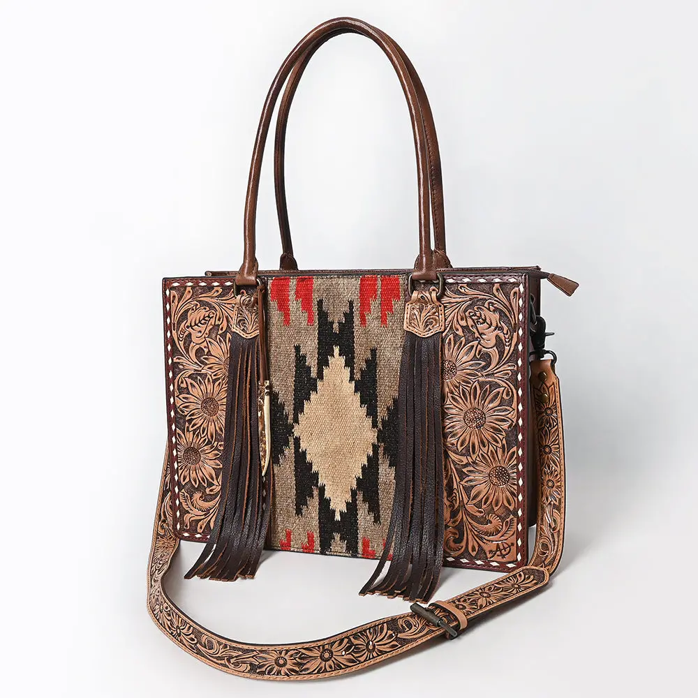 American Darling Hand-Tooled Handcrafted Tote Bag, Floral Carved & Woven Saddle Blanket Leather Western Purse With Fringes 1
