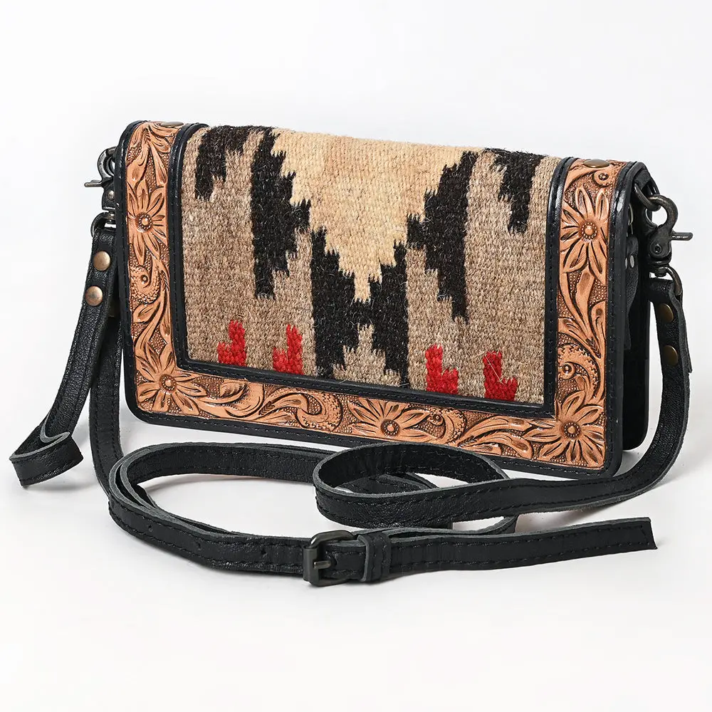 American Darling Organiser Bag, Hand Tooled Floral Carved & Hand Woven Saddle Blanket Genuine Leather Western Purse, 9In Wide 1