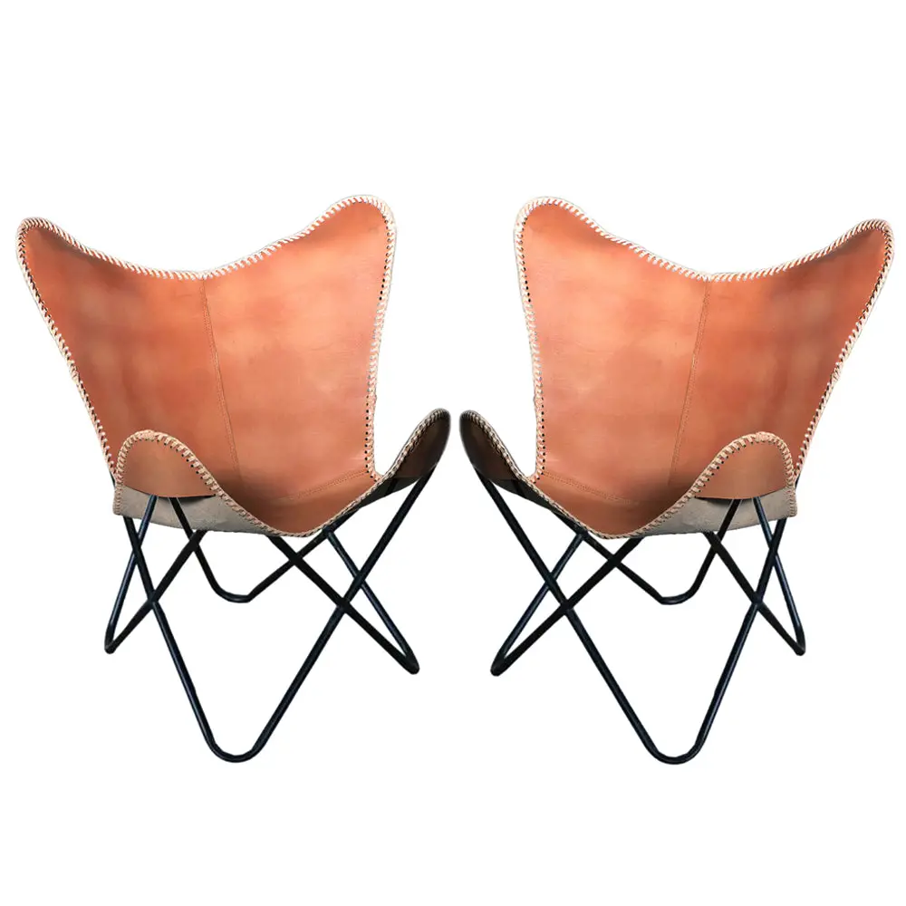 Hilason Genuine Leather Butterfly Chair Folding Lounge Modern Sling Accent Seat Natural Tan 1