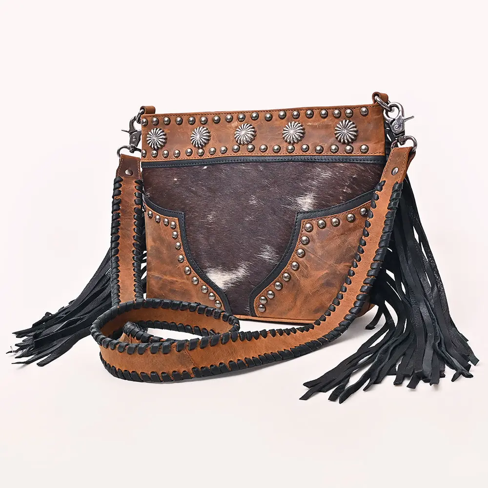 American Darling Cross Body Bag Western Hair-On Cowhide Leather Purse With Fringes Concho And Braided Detailing 1