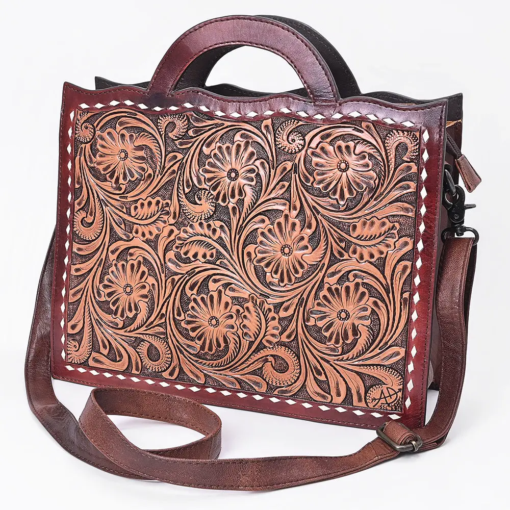 American Darling Briefcase Bag Hand Tooled Floral Carved Buck Stitched Genuine Leather Western Work Bag 1