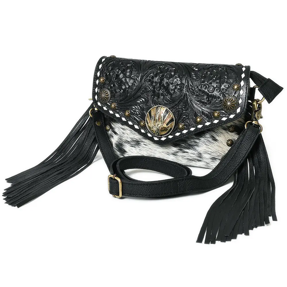 American Darling Small Crossbody Beautifully Hand Tooled Hair On Leather Women Handbag Purse 1