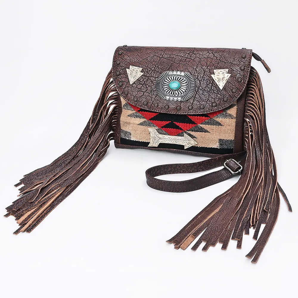 American Darling Cross Body Bag Hand Woven Saddle Blanket Fringed Genuine Leather Western Purse With Concho 1