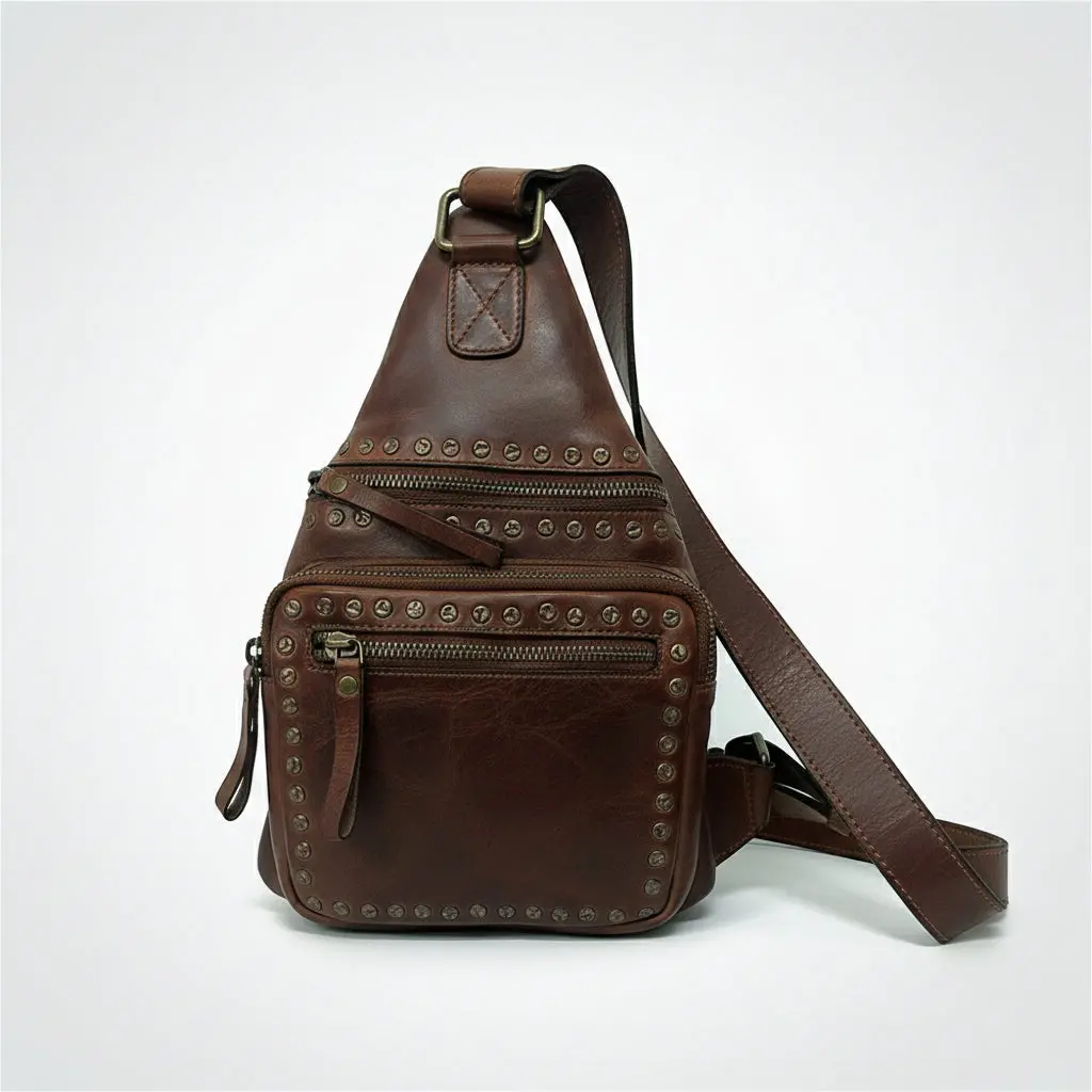 Spaghetti Western Hand-Dyed Brown Leather Sling Bag Premium European Cowhide Crossbody Vintage Studded Tactical Chest Pack 1