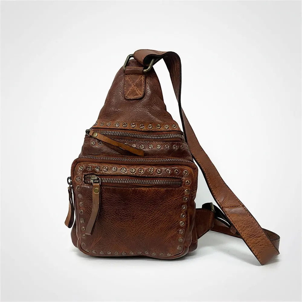 Spaghetti Western Hand-Dyed Cognac Leather Sling Bag Premium European Cowhide Crossbody Vintage Studded Tactical Chest Pack 1