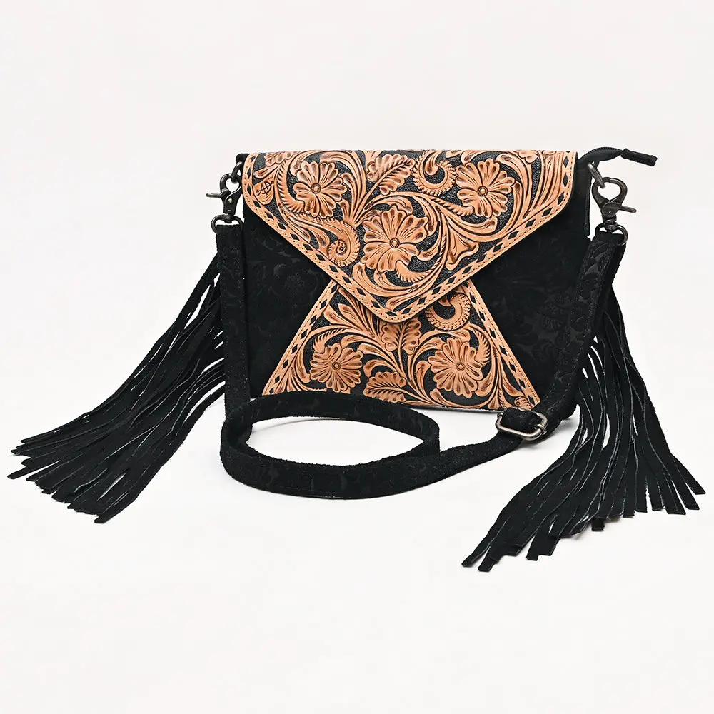 American Darling Envelop Bag Hand Tooled Floral Carved Damascus Genuine Leather Western Crossbody With Fringes 1