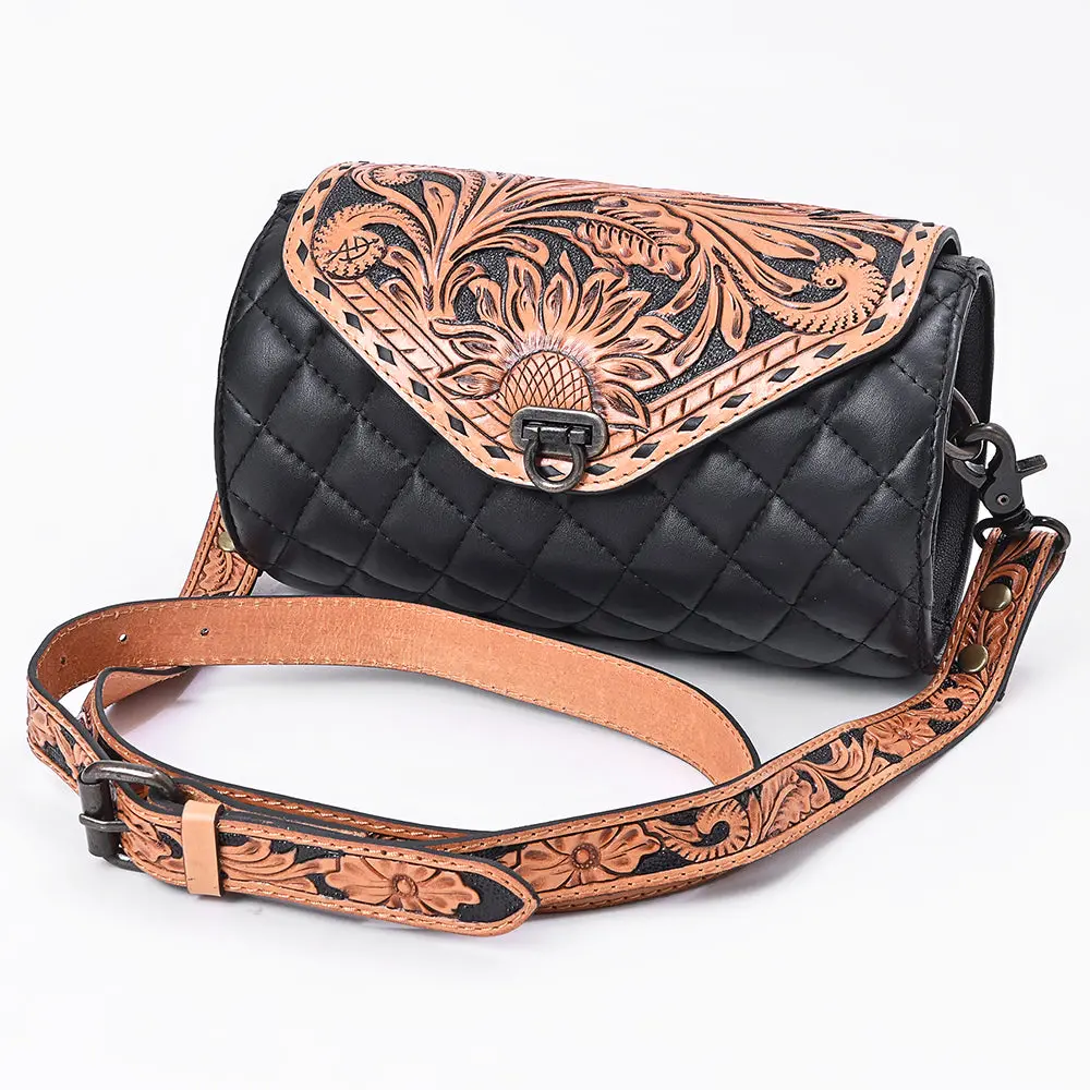 American Darling Cross Body Bag Hand Tooled Floral Carved Quilted Genuine Leather Western Barrel Bag 1