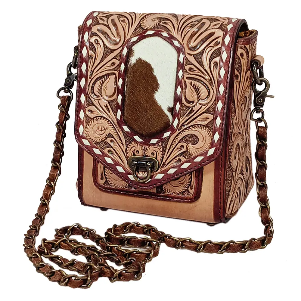 American Darling Cross Body Bag Hand Tooled Floral Carved Hair-On Cowhide Genuine Leather Western Purse 1