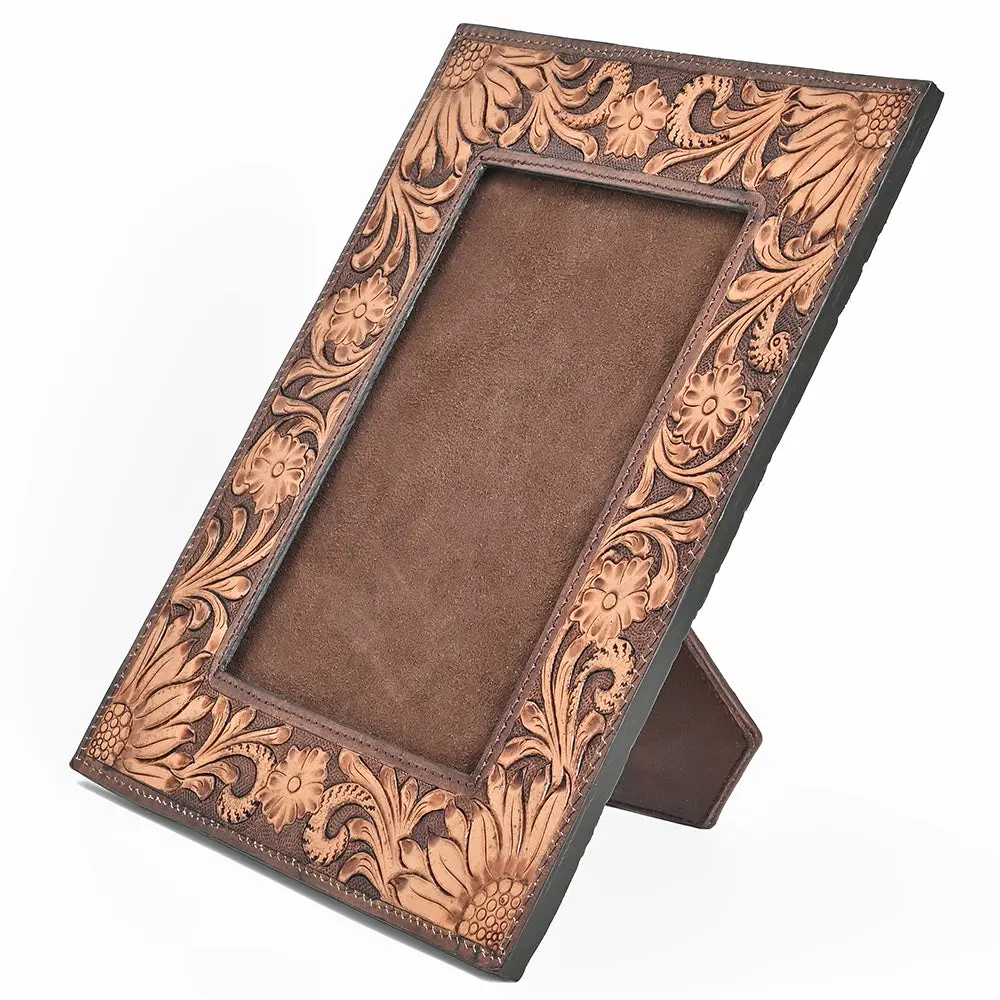 American Darling Hand Tooled Leather Photo Frame With Floral Carving, Western Tabletop Display, 10.5 X 9 Inch 1
