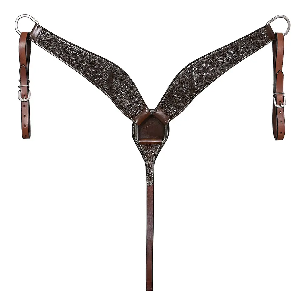 Hilason Western Horse Genuine Leather Breast Collar Tack Hand Tooled Dark Brown 1