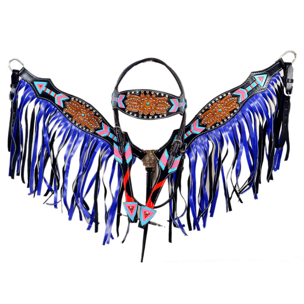 Hilason Western Horse Leather Headstall & Breast Collar Set Black With Blue Fringes 1