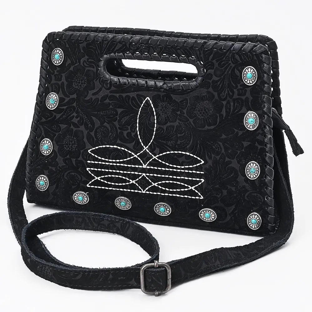 American Darling Clutch Bag Hand-Tooled Vegetable-Tanned Genuine Leather Western Crossbody With Turquoise Studs And Boot Stitch 1