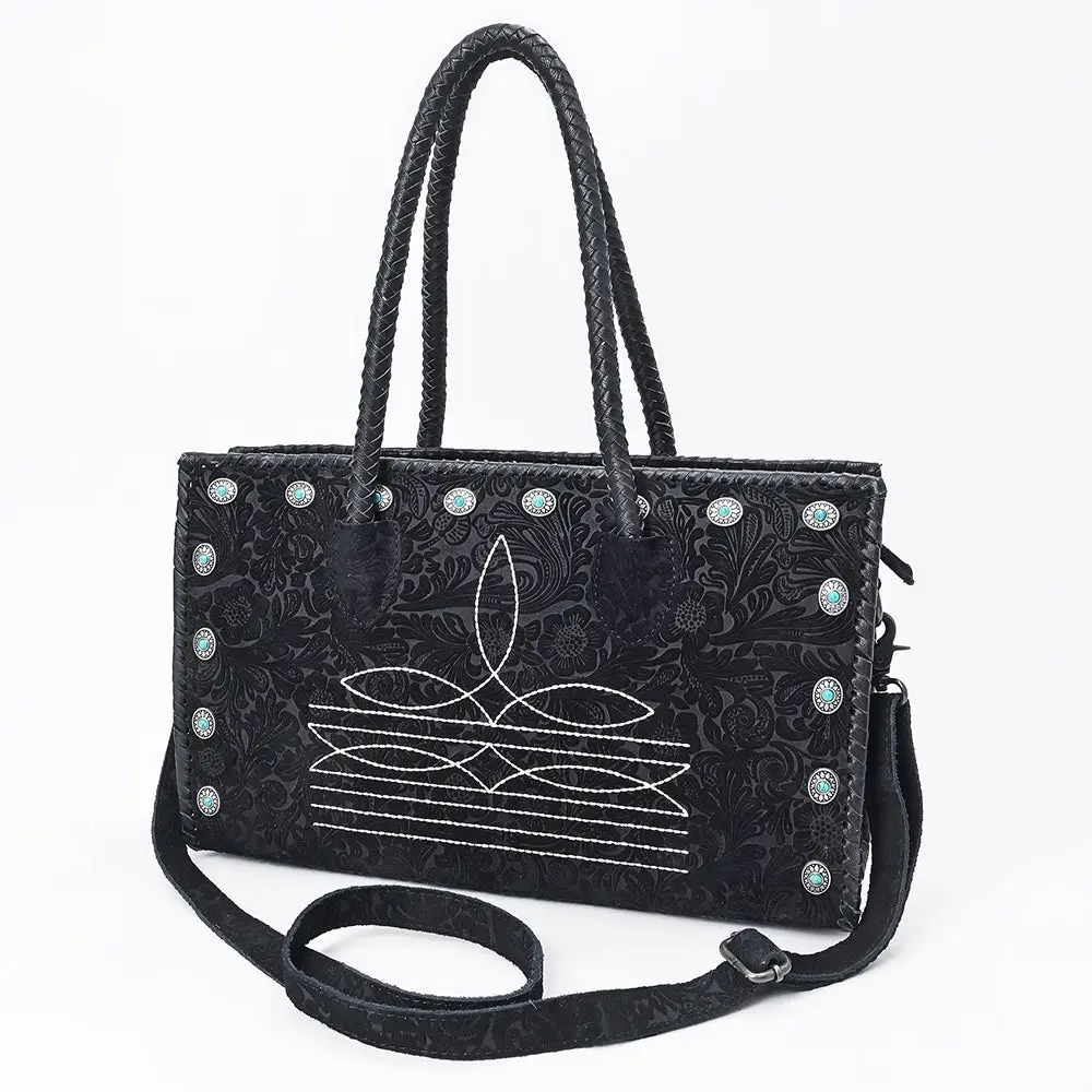 American Darling Tote Bag Western Hand-Tooled Genuine Leather Shoulder Bag With Boot Stitching And Turquoise Conchos 1