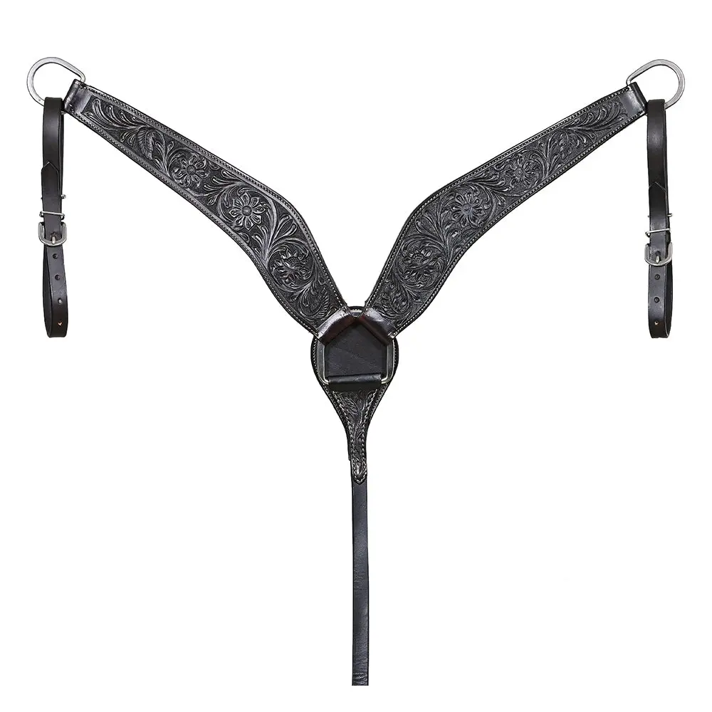 Hilason Western Horse Genuine Leather Breast Collar Tack Hand Tooled Black 1