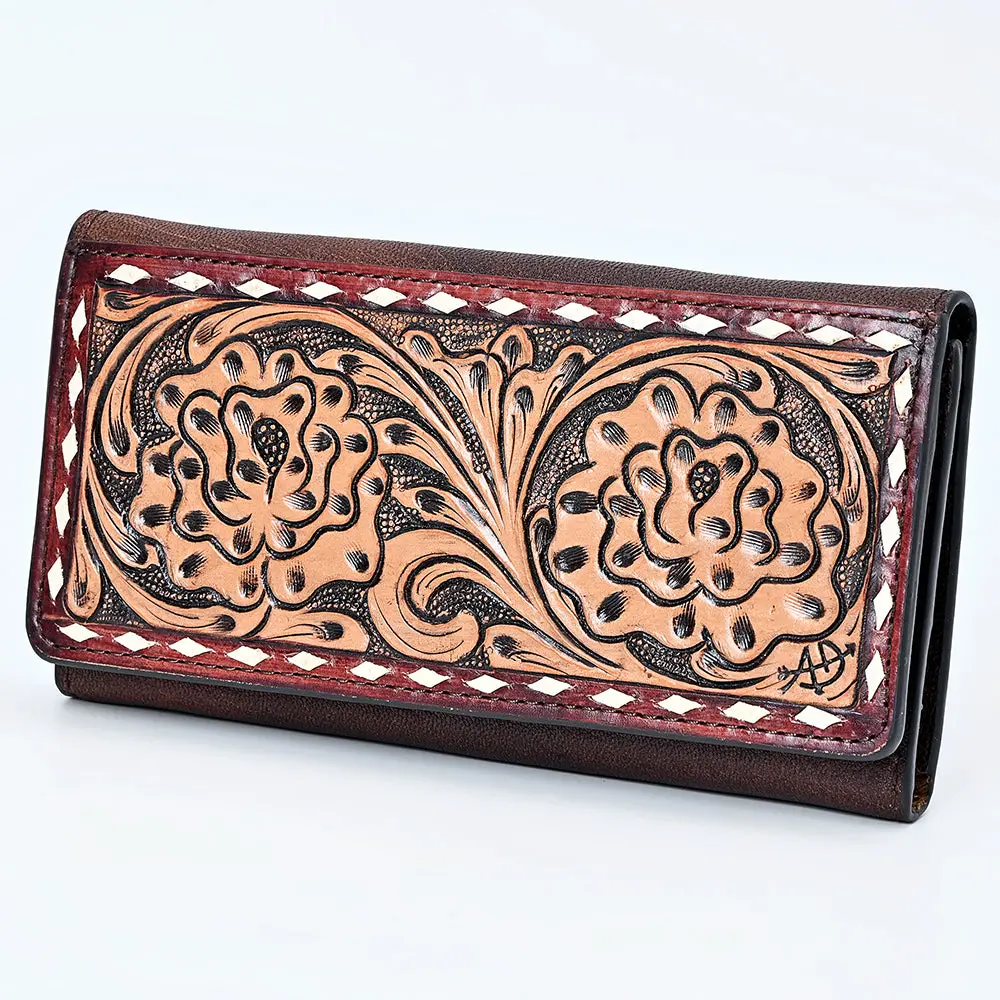 American Darling Wallet Bag Western Hand-Tooled Genuine Leather Clutch With Buck Stitching And Floral Carving 1