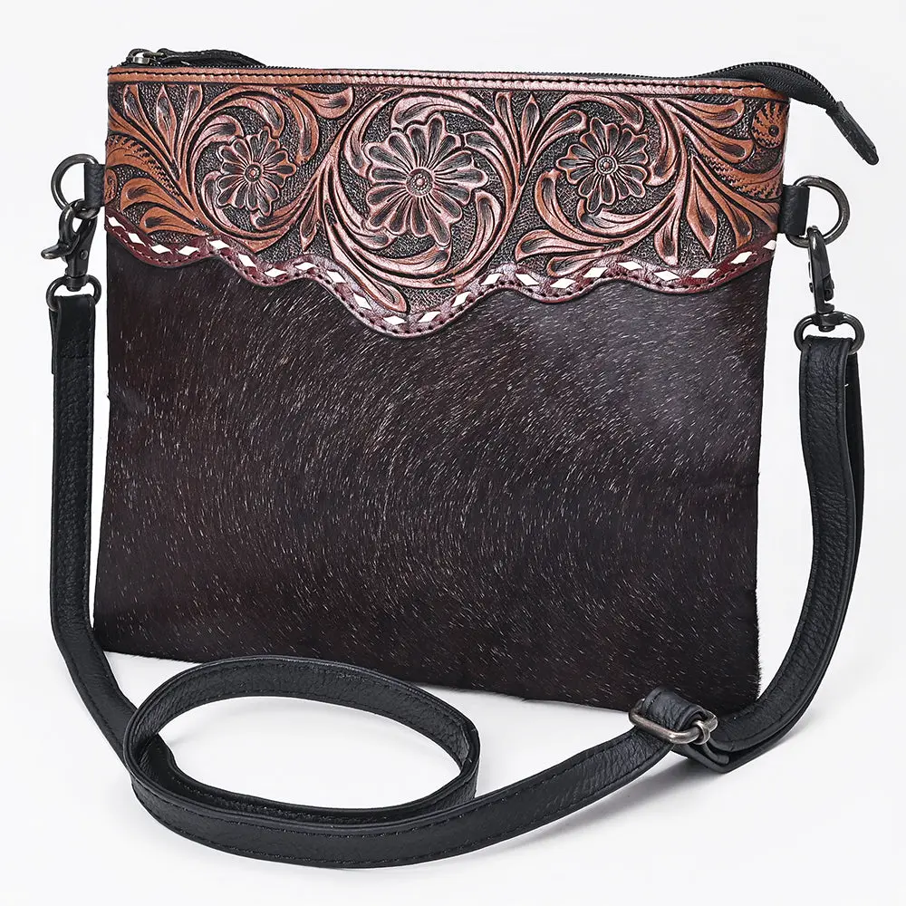 Ohlay Western Leather Dark Brown Hairon Crossbody Tooled Floral Panel 1
