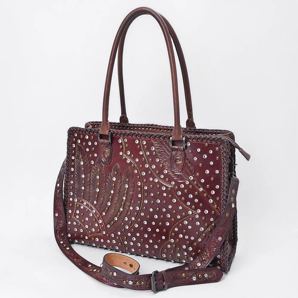 American Darling Tote Bag Western Hand-Tooled Genuine Leather Shoulder Bag With Rivets And Braided Trim Crossbody 1