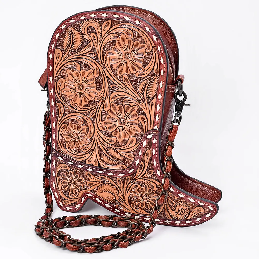 American Darling Cross Body Bag Western Hand-Tooled Floral Shoe Shape Genuine Leather Purse With Buck Stitching 1