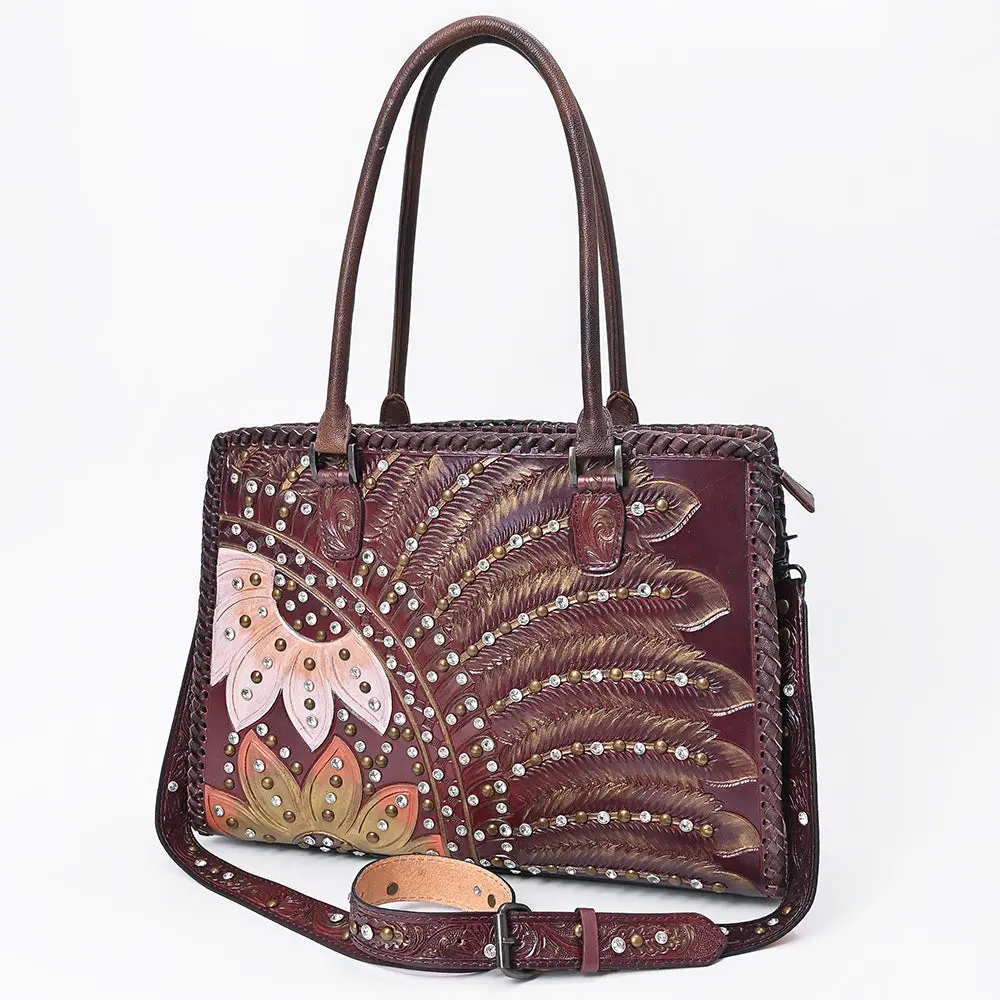 American Darling Tote Bag Western Hand-Tooled Genuine Leather Floral Carved Shoulder Bag With Braided Trim And Rivets 1