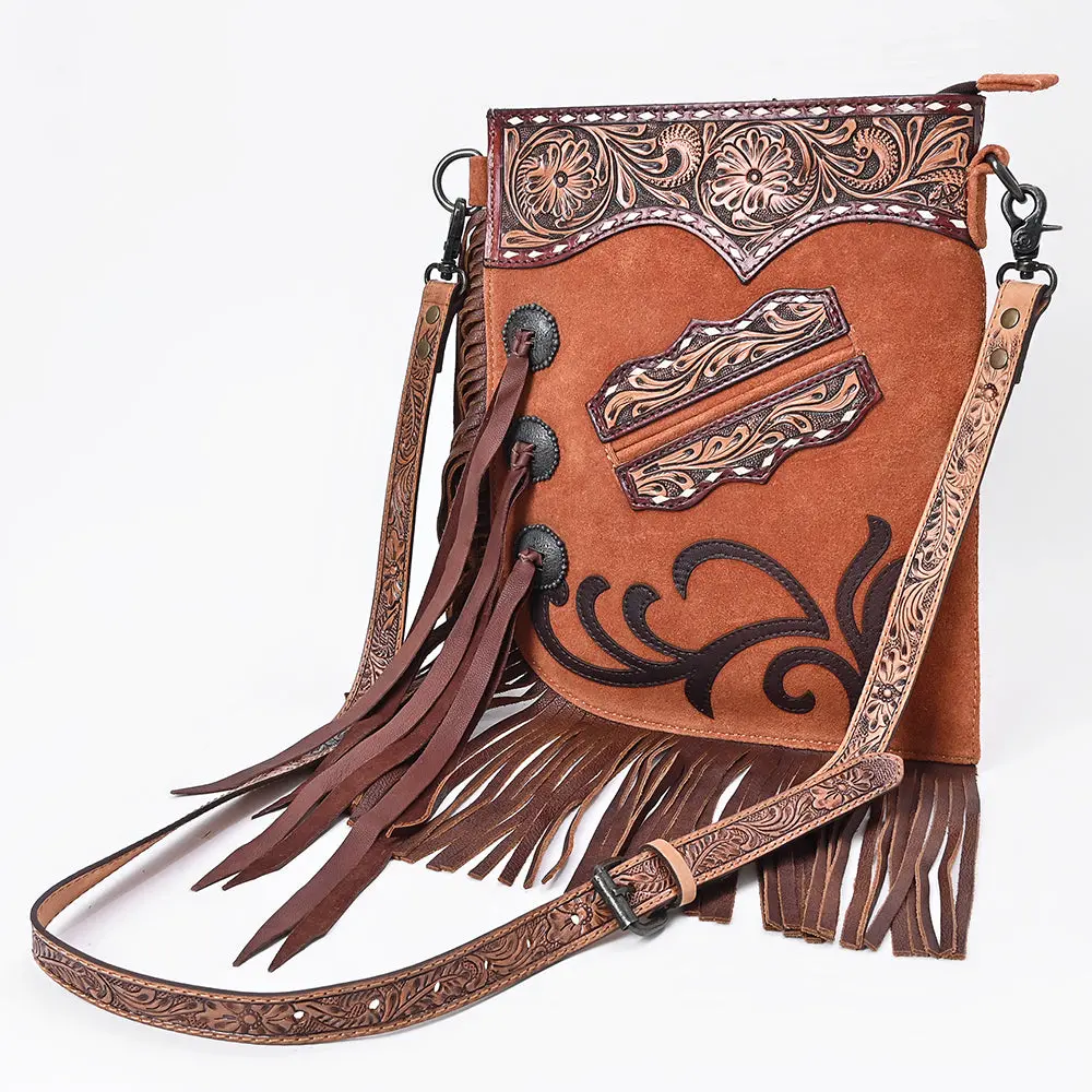American Darling Chaps Bag Western Hand-Tooled Genuine Suede Leather Crossbody With Tassels Fringes And Floral Carving 1