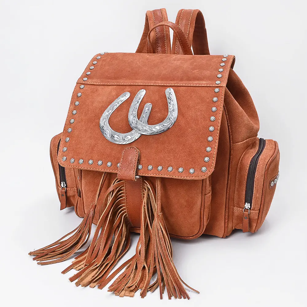 American Darling Backpack Bag Western Genuine Suede Leather With Fringes Tassels Concho And Riveted Full Grain Leather Accents 1