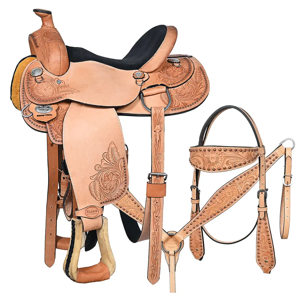 Hilason Western American Leather Hand Carved Horse Saddle Ranch Roping Cowboy With Headstall & Breast Collar Set Floral Tan 1