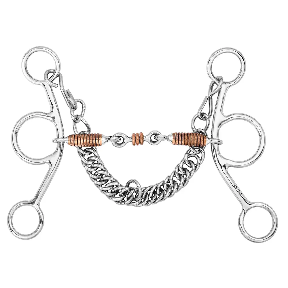 Bar H Equine Western Gag Bit With Copper Wire-Wrapped Mouth Roller & Curb Chain 1