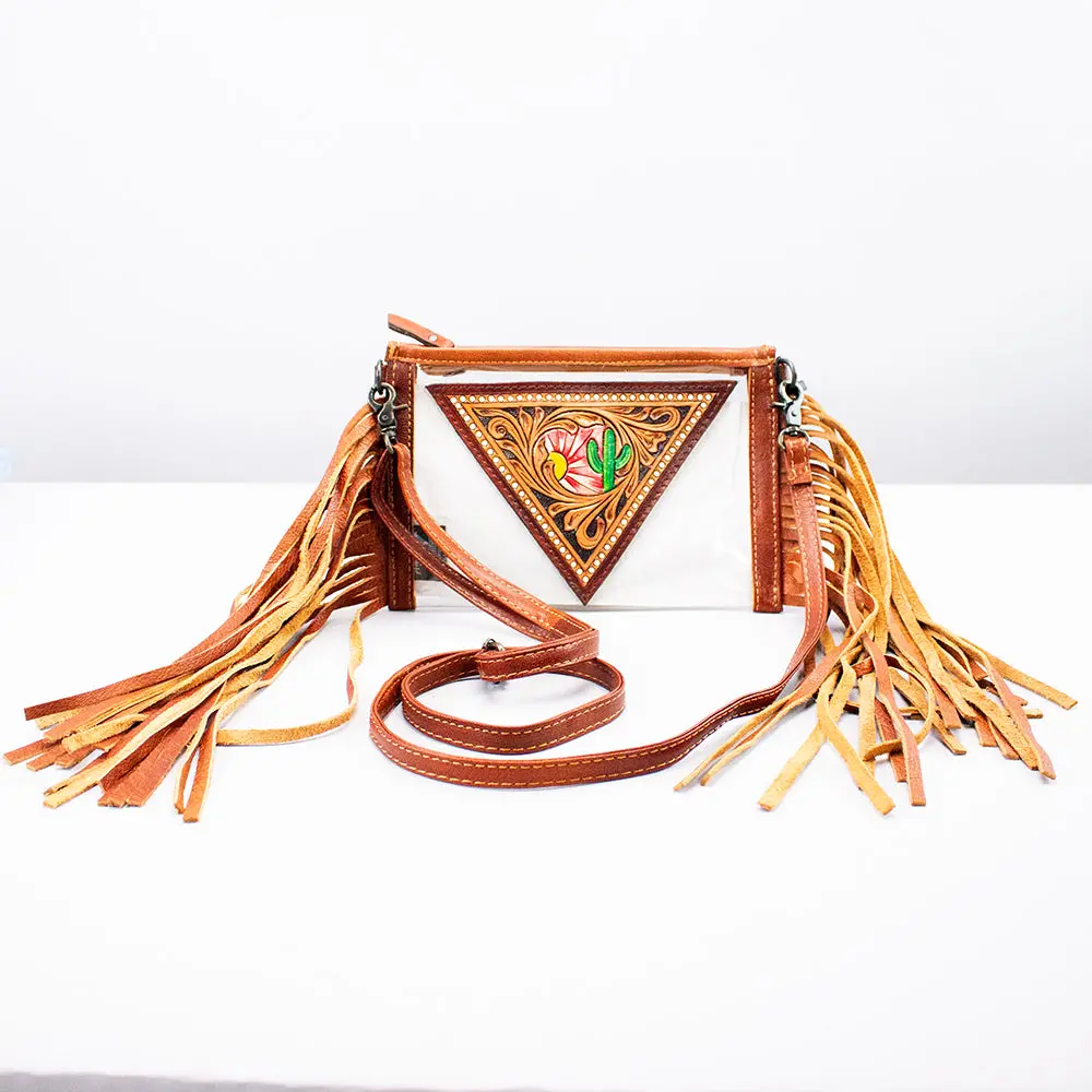 American Darling Clear Bag Western Hand-Tooled Genuine Leather Crossbody With Fringes And Floral Carved Panel 1
