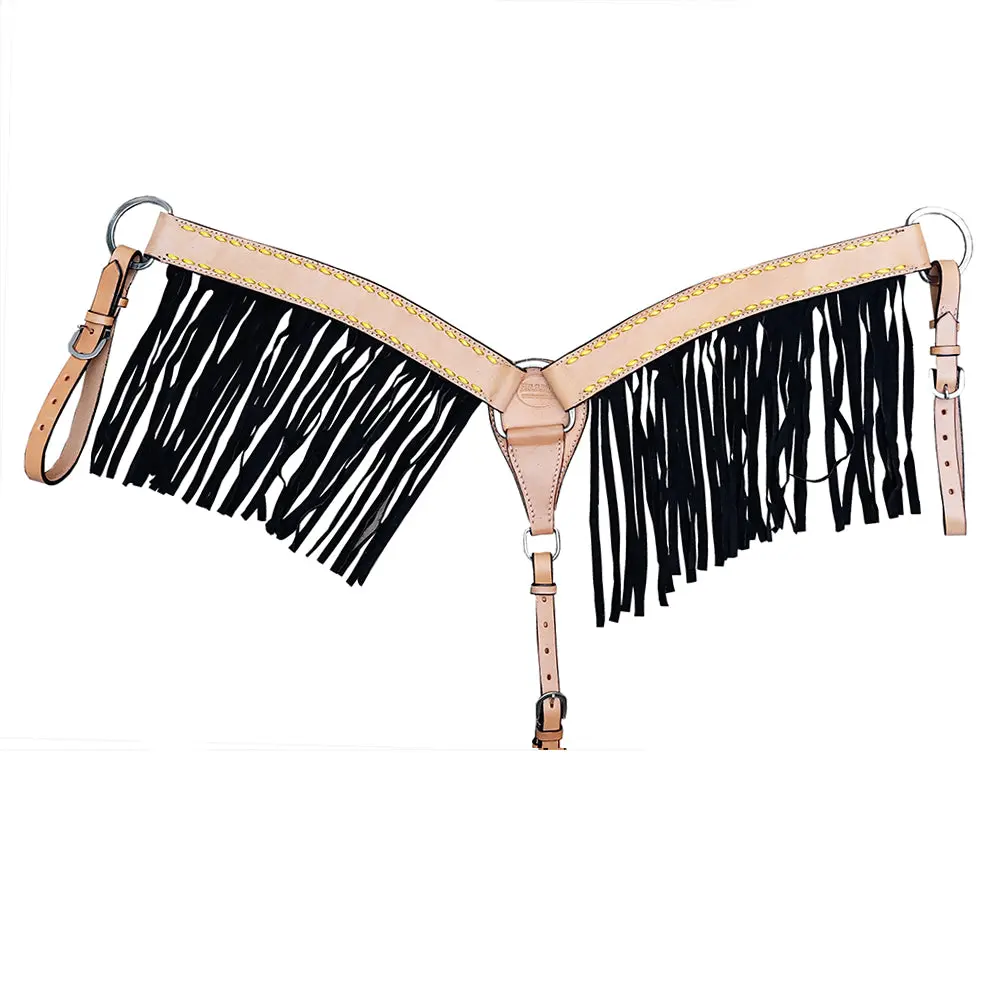 Hilason Western Horse Headstall Breast Collar Genuine Leather Tan With Black Fringes 1