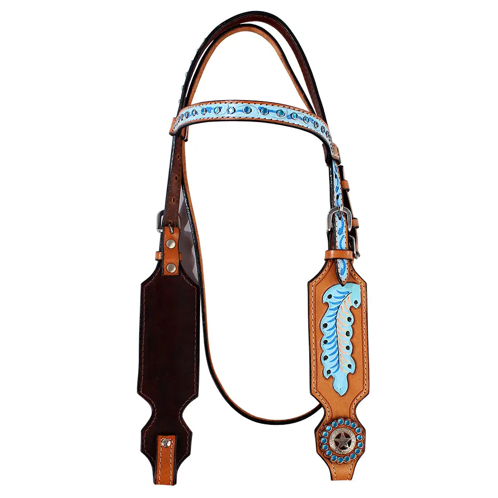 Hilason Western Horse Hand Tooled Genuine Leather Headstall Tan/Turquoise 1