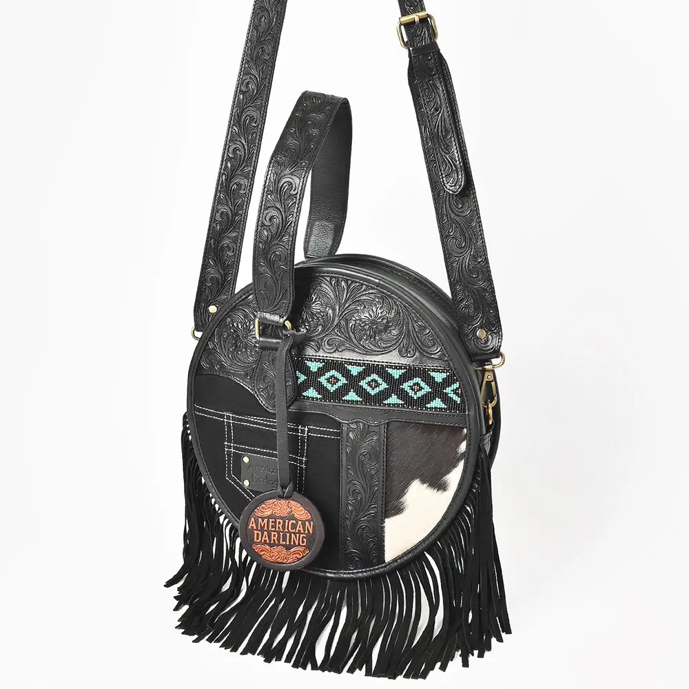 American Darling Tooled Leather Canteen Bag Fringe Turquoise Beading 1