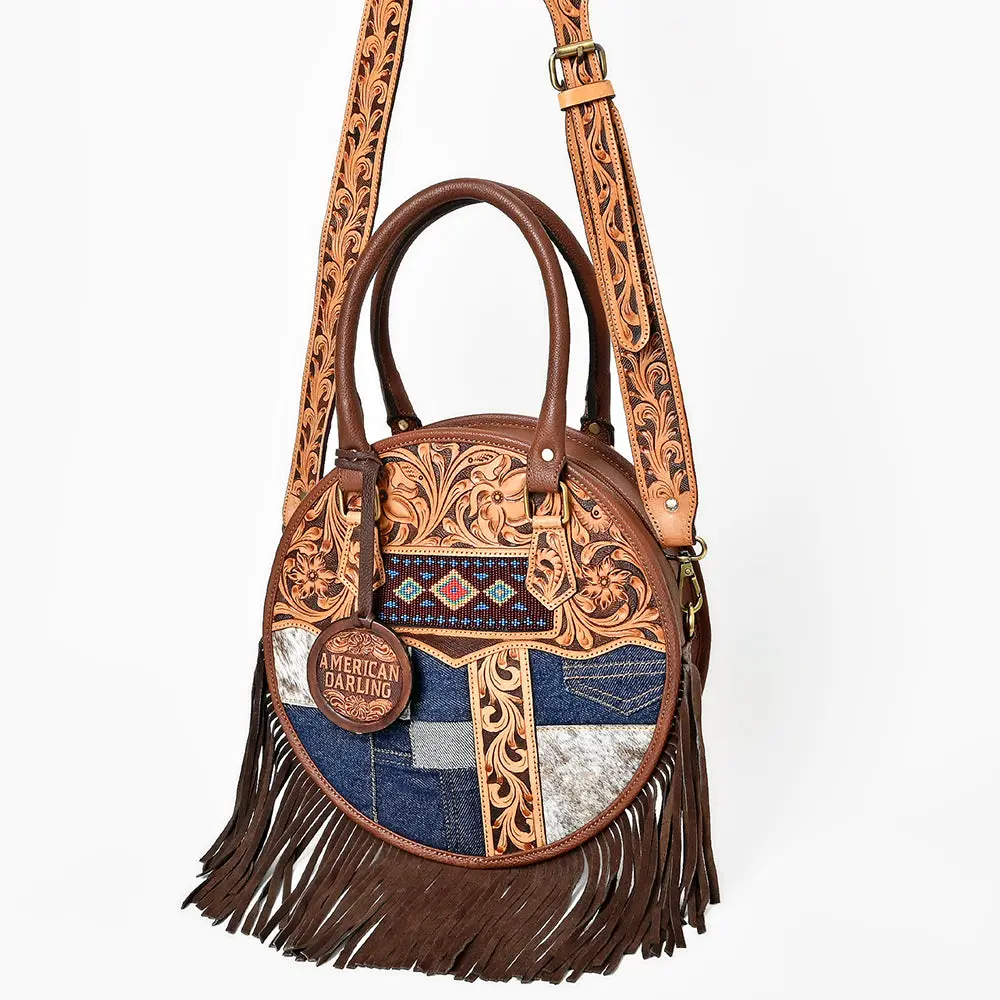 American Darling Tooled Leather Denim Canteen Bag Cowhide Fringe 1