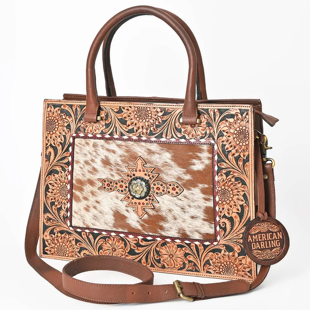 American Darling Tooled Leather & Cowhide Satchel Bag Hand-Carved Floral Border 1