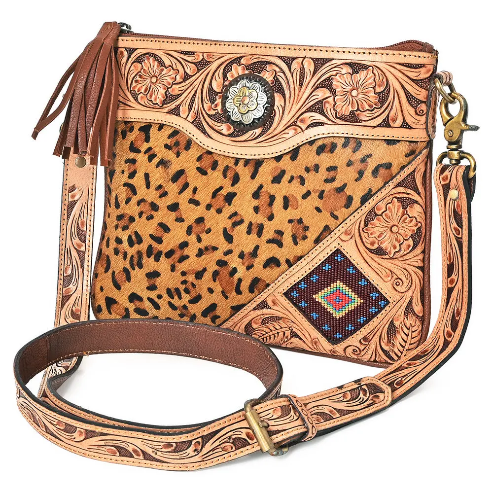 American Darling Tooled Leather & Cheetah Cowhide Crossbody Bag Floral Carving 1