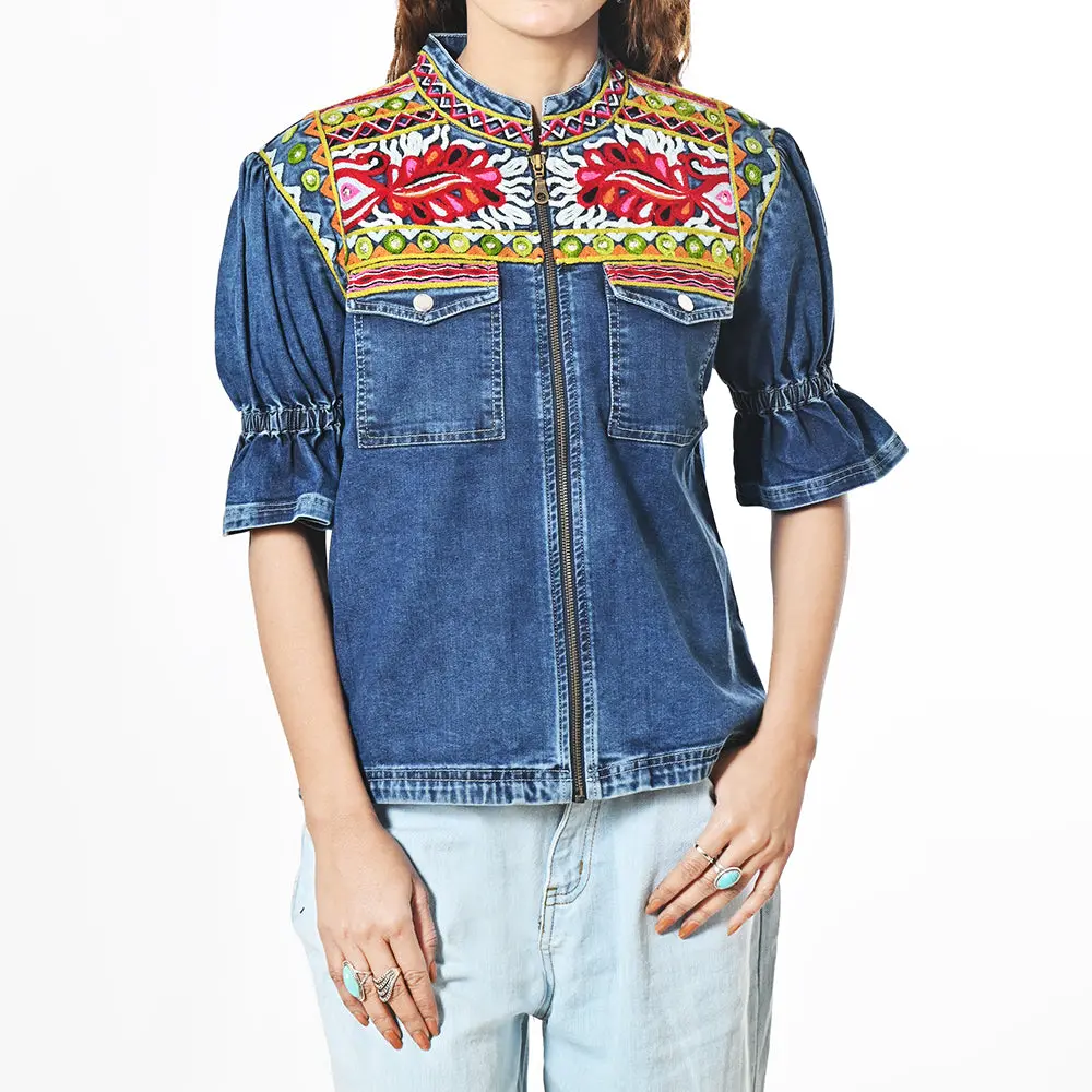 American Darling Women's Embroidered Denim Jacket Boho Tribal Floral Jean Blazer With Puff Ruffle Sleeves Cowgirl Top 1