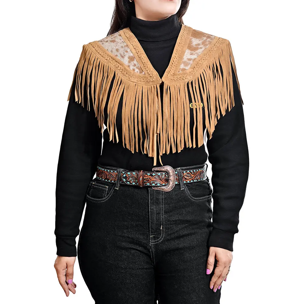 American Darling Western Apparel Hair On Genuine Leather Handcrafted Heritage Cape With Braided Accents And Fringes 1