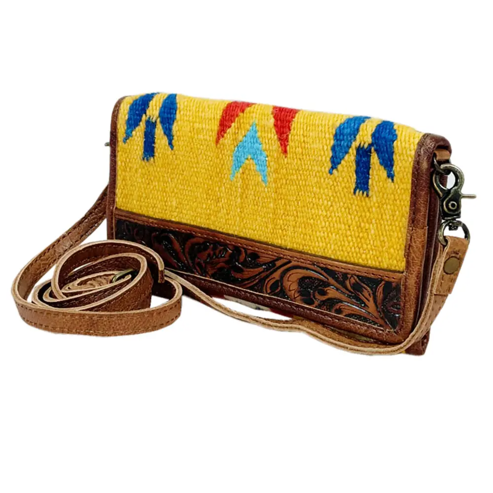 American Darling Wallet Bag Hand Tooled Floral Carved Vegetable-Tanned Leather And Woven Saddle Blanket Western Bag 9In (H) X 5In (W) 1