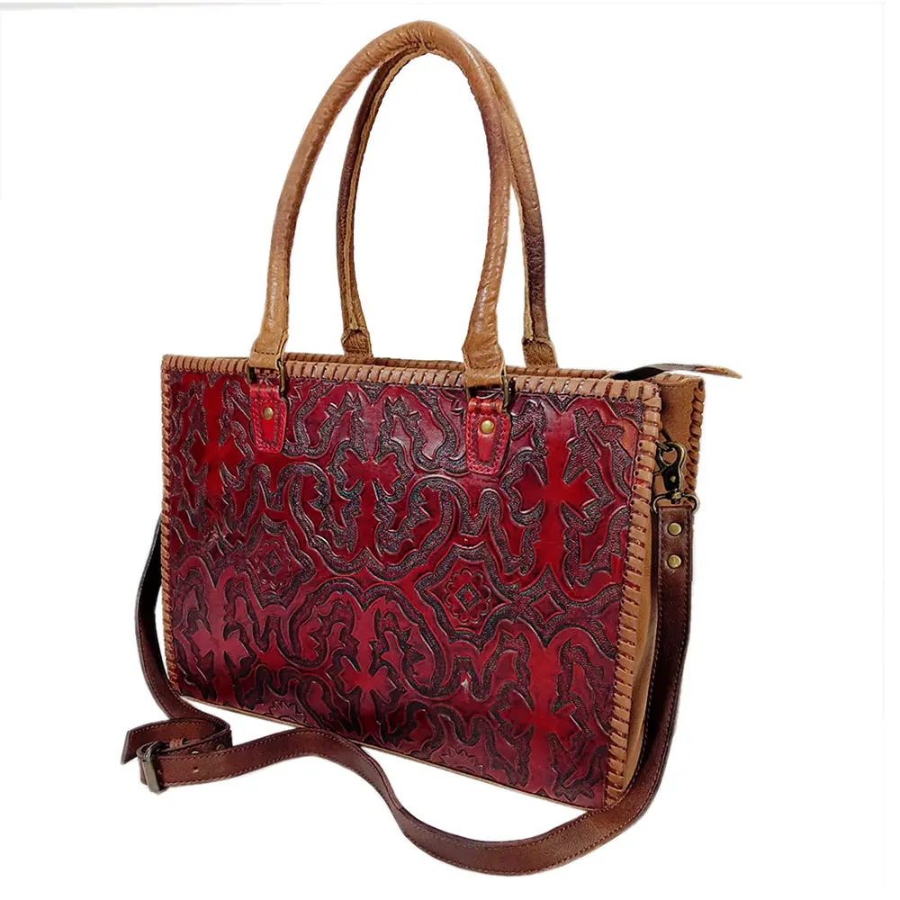 American Darling Tote Bag Hand Tooled Braided Vegetable-Tanned American Genuine Leather Western Bag 12In X 16.5In X 6In 1