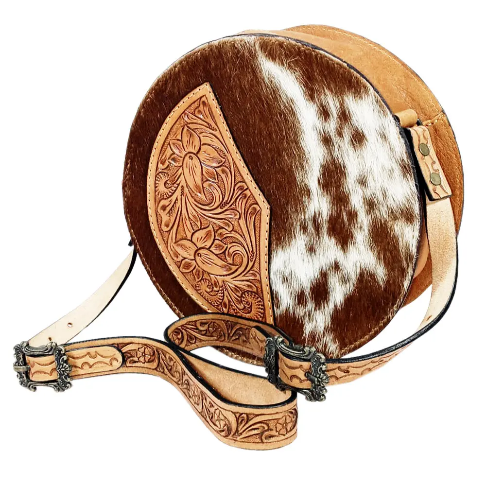 American Darling Canteen Bag, Hand Tooled Floral Carved Vegetable-Tanned Leather, Hair-On Cowhide Western Crossbody Purse 1